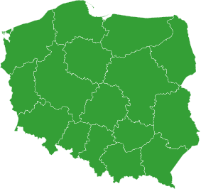 mapa Polski w kolorze zielonym z zaznaczonymi konturami województw