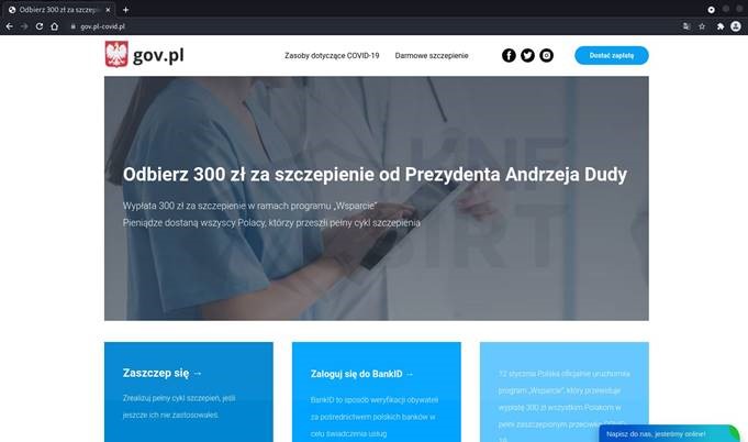 widok fałszywej strony oferującej mozliwość odbioru 300 zł za komplet szczepień w ramach nieistniejacego programu "Wsparcie"