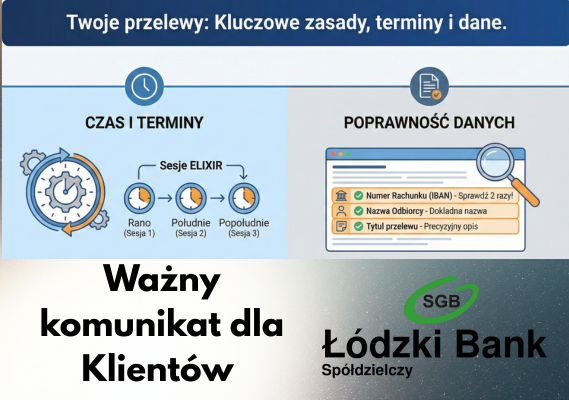 Komunikat dotyczący dyspozycji rozliczeń i godzin granicznych realizacji przelewów krajowych.